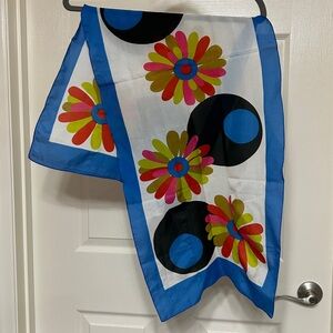 Colorful Retro Floral Scarf with Blue Border 40” x 15” looks vintage 1960 - 70’s
